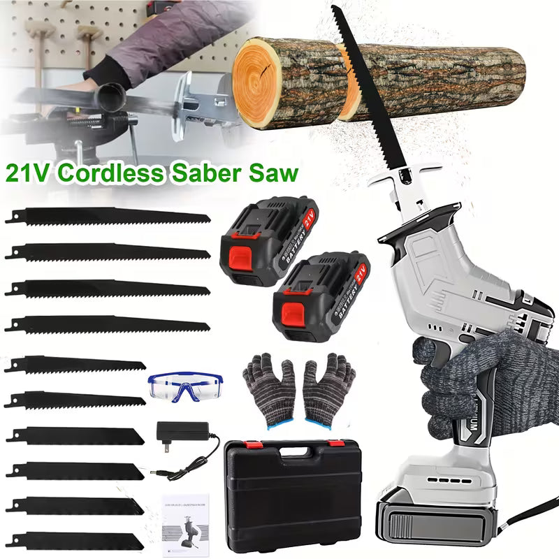 【電動ノコギリ 21V】バッテリー2個とノコギリ刃10枚付き、レシプロソー、速度調整可能レシプロソー、家庭用小型充電式ノコギリ（沖縄県への配送はできません。ご購入をご遠慮ください）