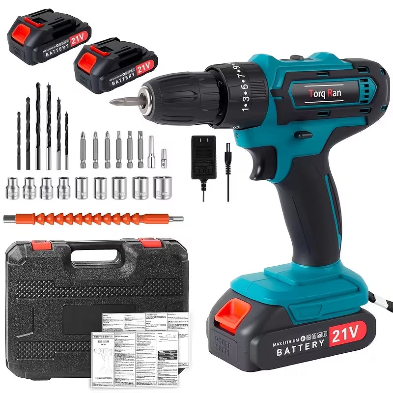 電動ドライバー 電動ドリル コードレス 21V 25+3トルク調整 充電式 無段変速 1500mAhバッテリー バッテリー2台付属 正逆切り替え 2段変速 DIY家具組立用