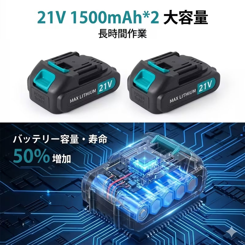 電動ドライバー 電動ドリル コードレス 21V 25+3トルク調整 充電式 無段変速 1500mAhバッテリー バッテリー2台付属 正逆切り替え 2段変速 DIY家具組立用