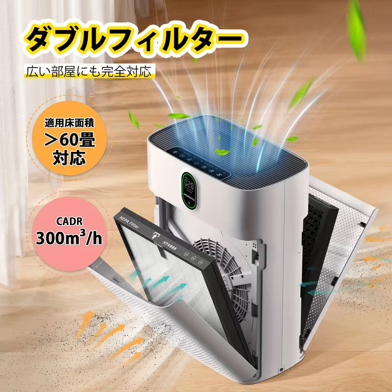 スマート空気清浄機 家庭用 大きな部屋用 PM2.5表示付き Wi-Fi・Alexa対応 広い平方フィートをカバー 自動モード ペットの毛・ホコリ・花粉・煙を99.97%除去 静音モード24dB 両面空気取り込み ホワイト 1個パック